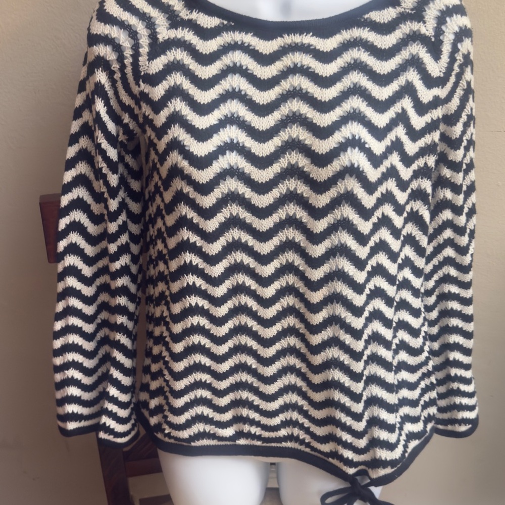 Trina Turk Black Chevron open knit pom pom tie sweater and